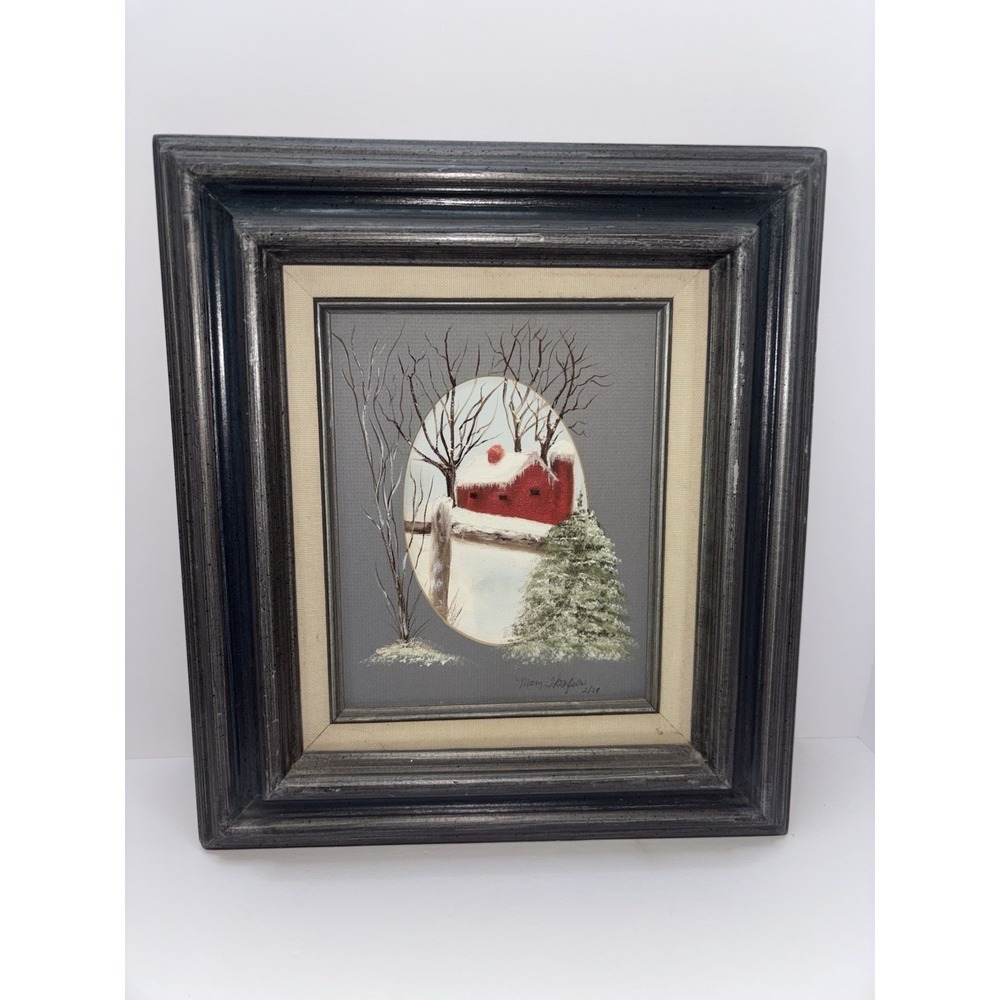VTG Original Oil Art Painting On Board Framed Winter Red Barn Scene Signed 15x17